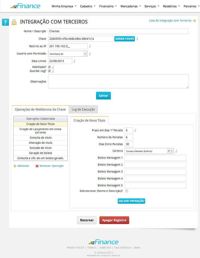 Tela de Integração com Terceiros - Imagem 2