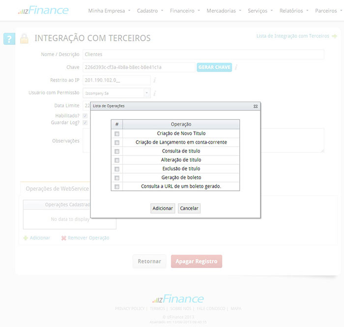 Tela de Integração com Terceiros - Imagem 3