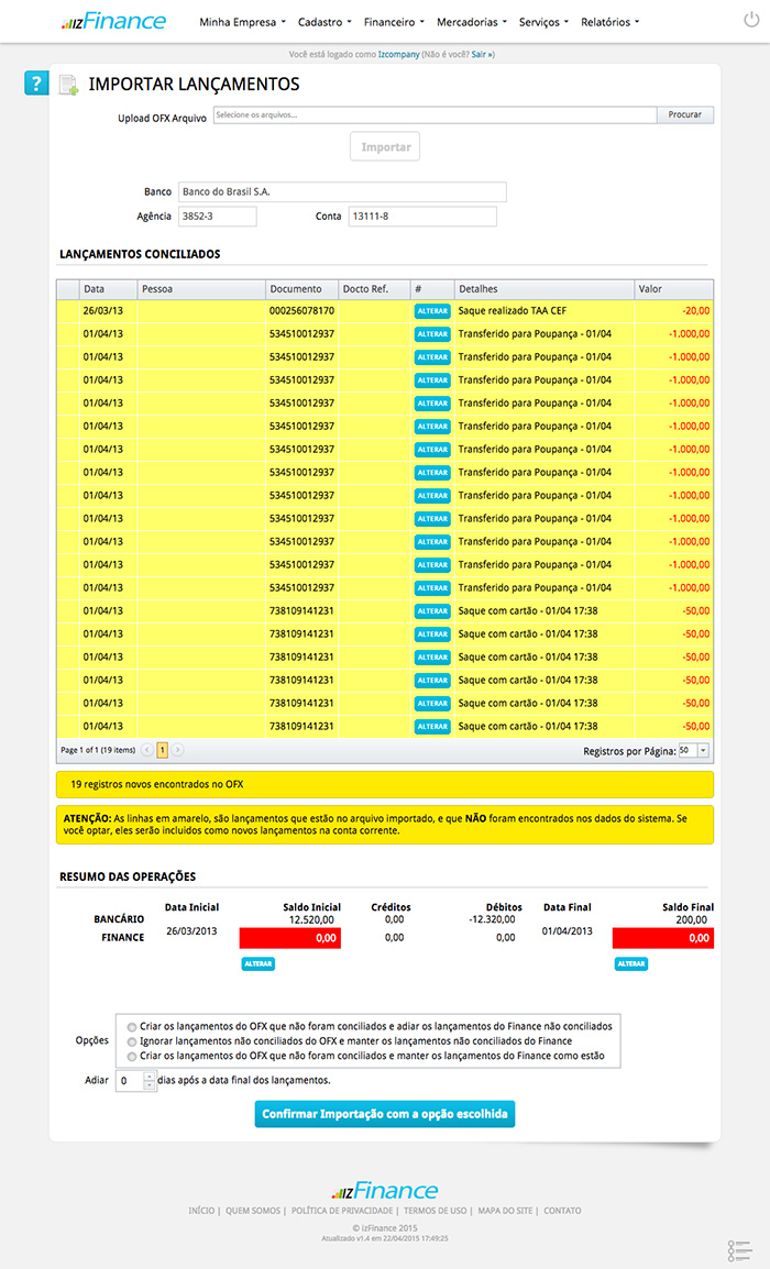 Tela de Conciliação de Conta Corrente - Imagem 2