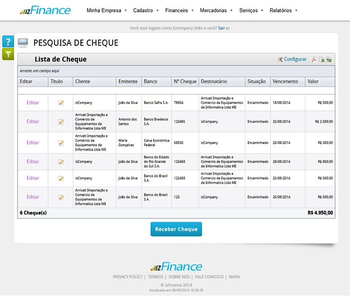 Tela de Recebimento de Cheques - Imagem 2